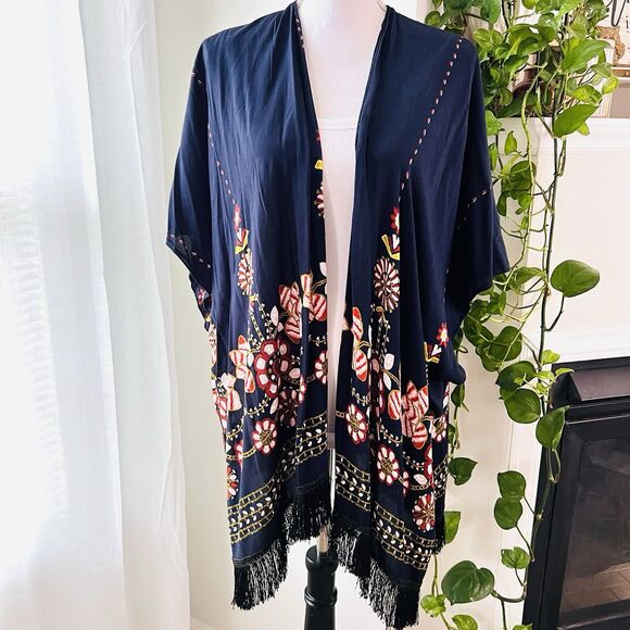 Navy Blue Floral Soft Flowy Fringed Romantic Feminine Wrap Shawl - Picture 1 of 6